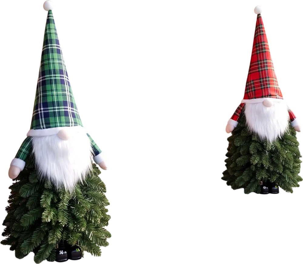 Santa-inspired 3 ft pre-lit artificial Christmas trees in green and red with 20 LED lights for festive tabletop decoration.