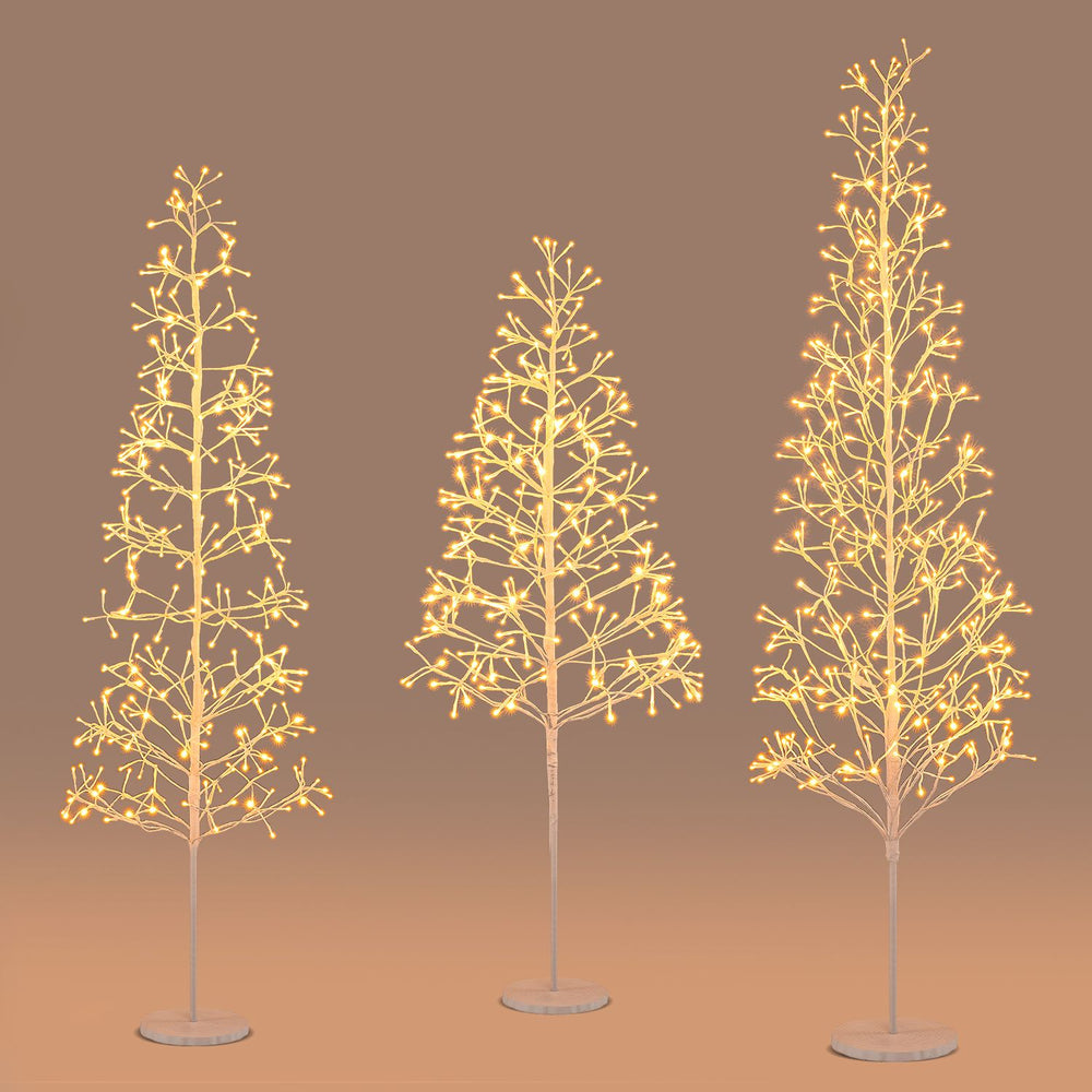 Lighted birch trees in 5/6/7 FT heights with warm white LED lights, perfect for holiday and everyday displays.
