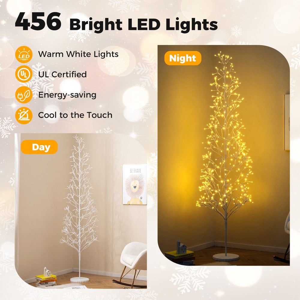 Lighted birch tree with 456 warm white LED lights and weighted base, perfect for Christmas and holiday displays.