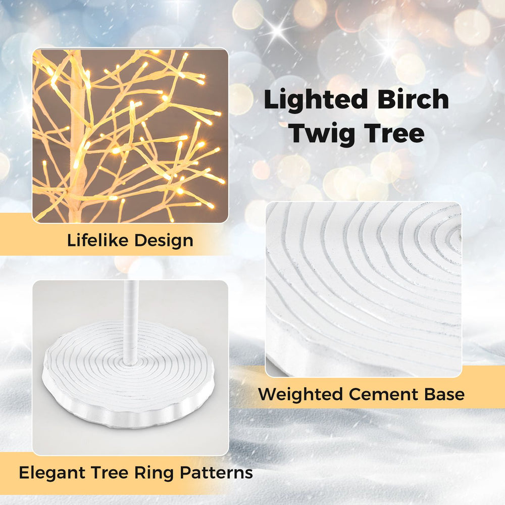 Lighted birch twig tree with 240 warm white LED lights and a weighted cement base for stable holiday decor.