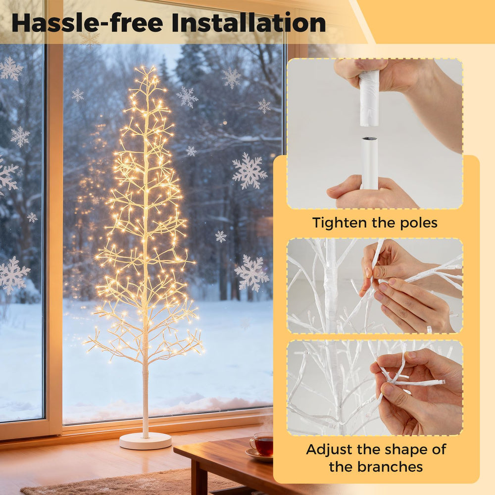 Lighted birch tree with 240 warm white LED lights, featuring flexible branches and a weighted base for stability.