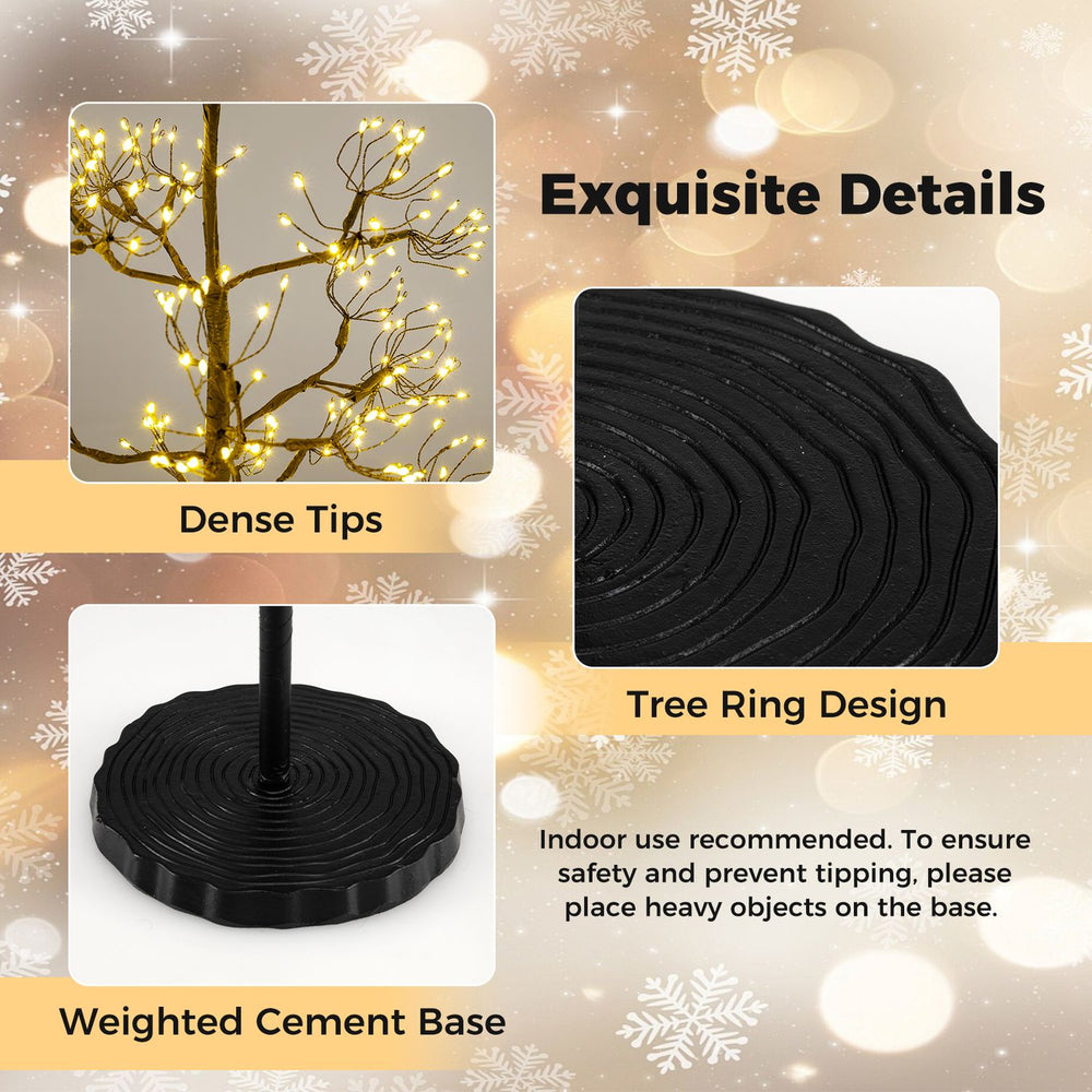 Lighted Alpine tree with warm white LEDs features a weighted cement base and detailed tree ring design for stability.