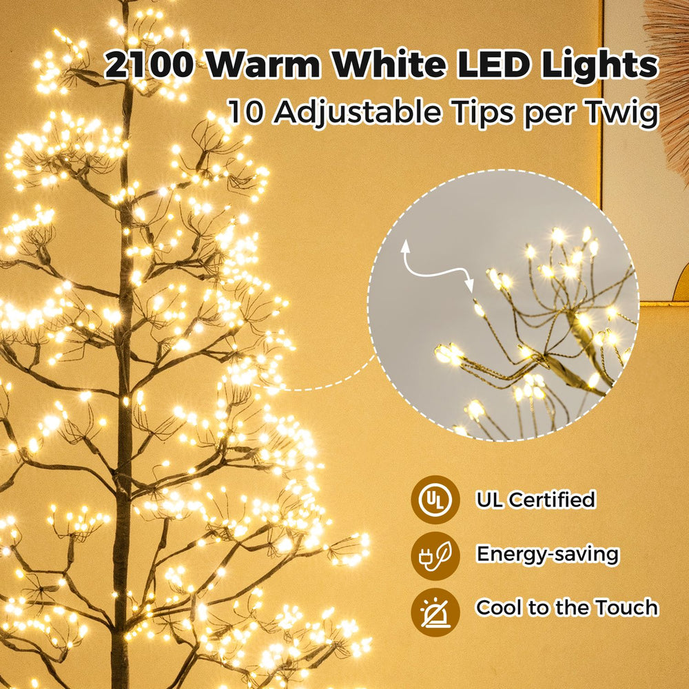Lighted alpine tree featuring 2100 warm white LED lights and 10 adjustable tips per twig for a lush, full appearance.