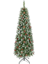 6FT frosted pencil fir Christmas tree with pine cones and red berry clusters, shown full-length on its folding metal stand.