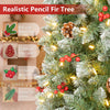 Frosted pencil fir Christmas tree close-up with pine cones and red berry clusters among warm white LED lights.