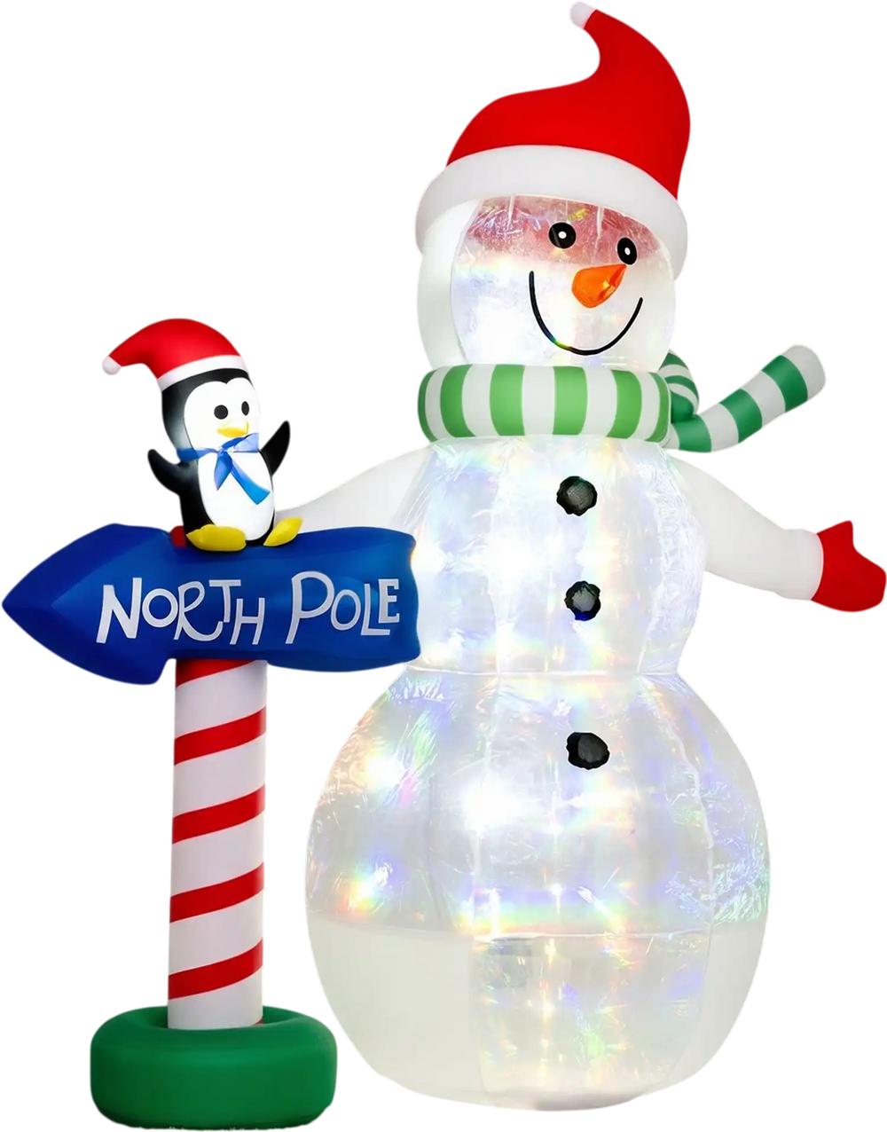 6 FT inflatable snowman with penguin and North Pole sign glows with colorful LED lights in a snowy holiday yard.