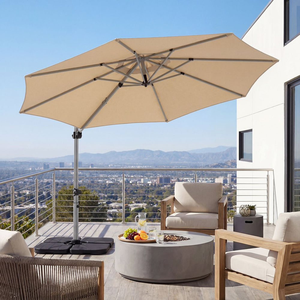 Outdoor Offset Umbrella Set with 11 FT Cantilever Patio Umbrella and Heavy-Duty 4-Piece Base-Beige - Gallery View 1 of 10