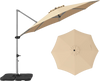 Beige 11 ft cantilever patio umbrella shown from above with its 4-piece heavy-duty base and round canopy.
