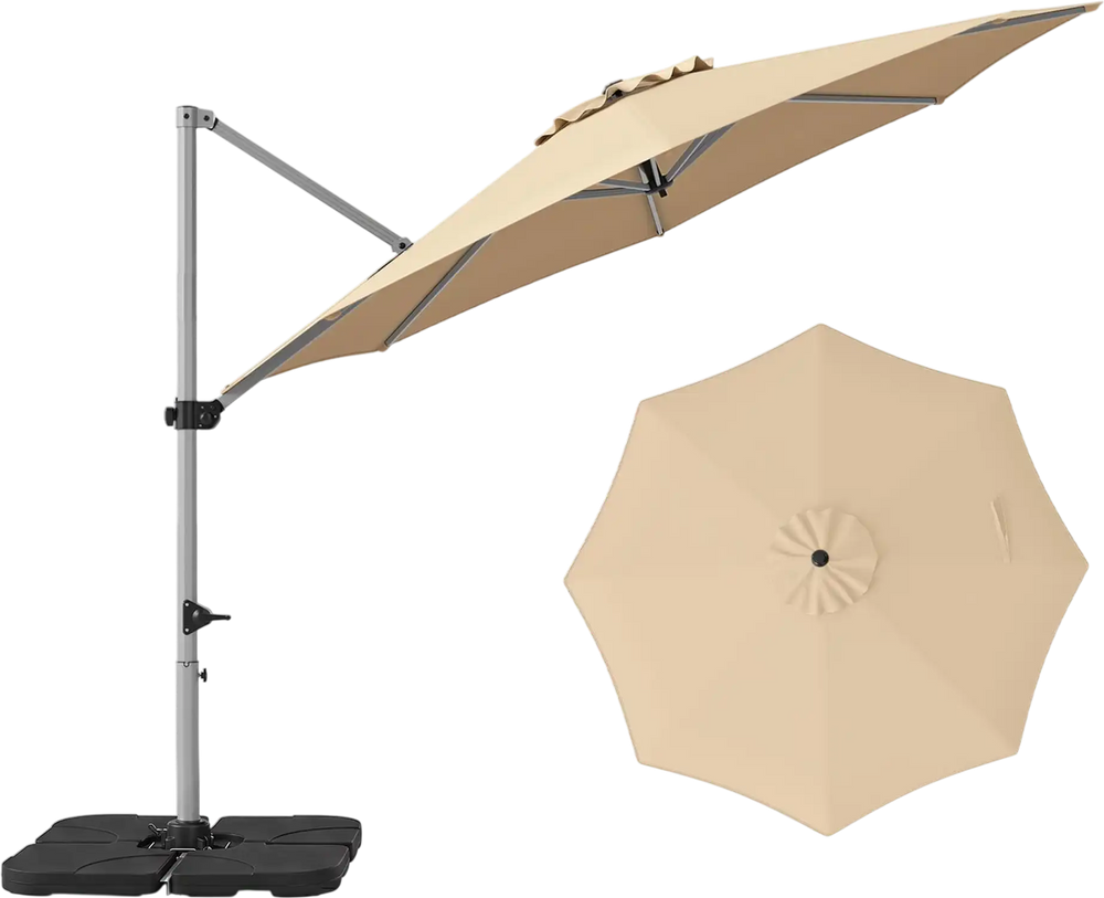 Beige 11 ft cantilever patio umbrella shown from above with its 4-piece heavy-duty base and round canopy.