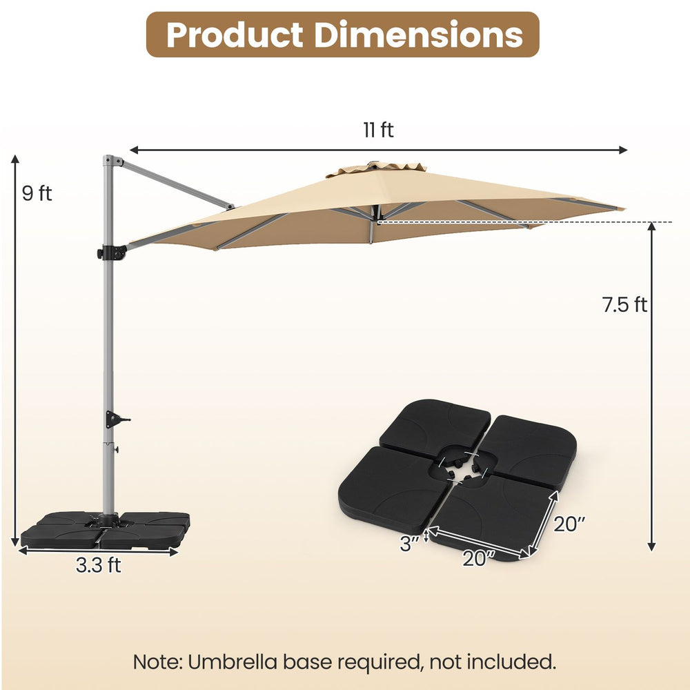 Outdoor offset umbrella set with 11 FT beige canopy and heavy-duty 4-piece base, shown with dimensions and umbrella base separate.