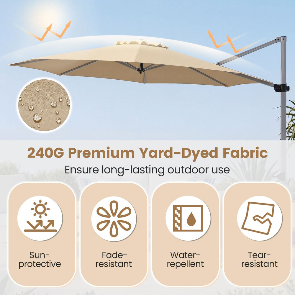 Beige 11 ft cantilever patio umbrella with heavy-duty 4-piece base, shown open with wind-resistant canopy.