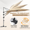 Beige 11 ft cantilever patio umbrella shown in a side view with its heavy-duty 4-piece base and tilt adjustment.