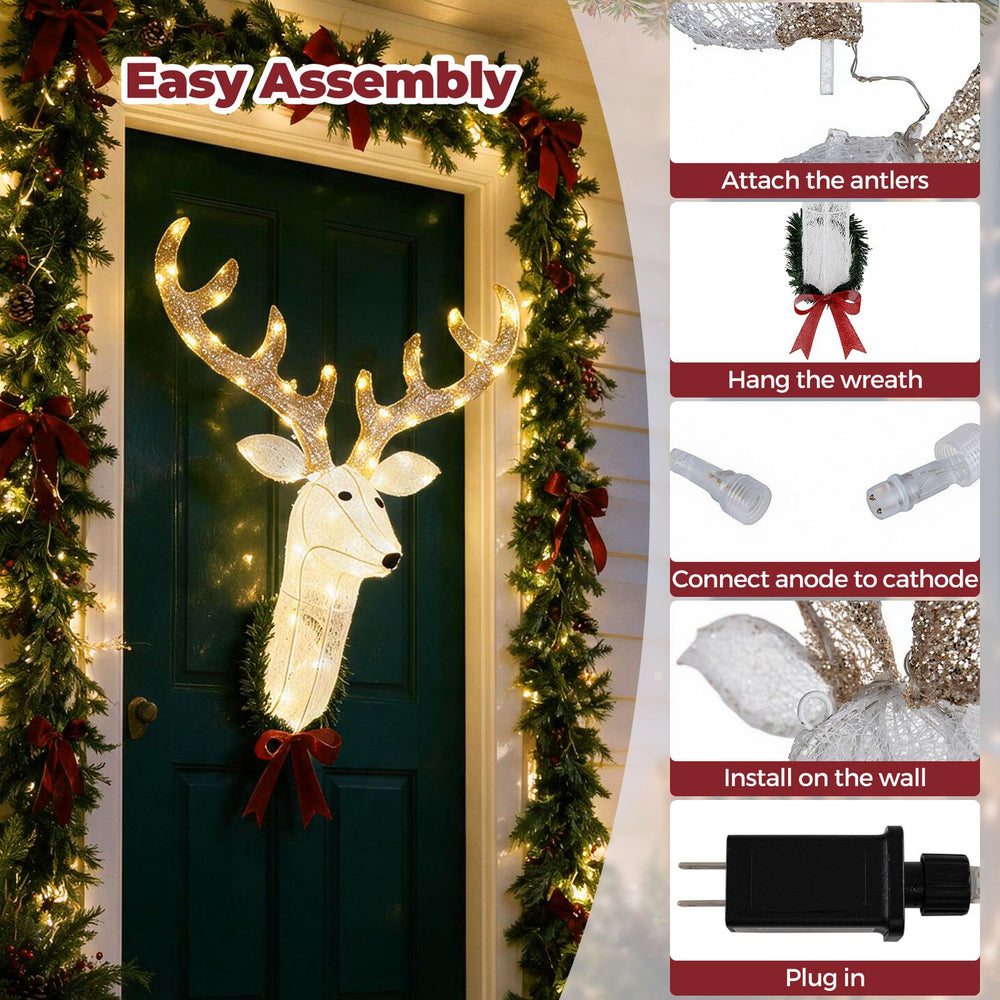 3D Rudolph hanging wreath with LED warm white lights and red bow decorates a Christmas door.