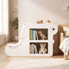 2-in-1 kids bookshelf with padded cushion and open cubbies, front view in a cozy reading nook.