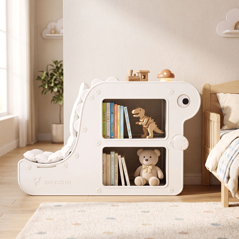 2-in-1 kids bookshelf with padded cushion and open cubbies, front view in a cozy reading nook.