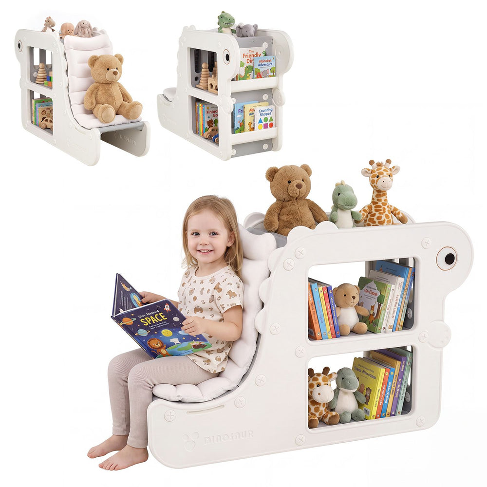 2-in-1 kids bookshelf with padded cushion and open cubbies, shown as a cozy reading nook with books and toys.