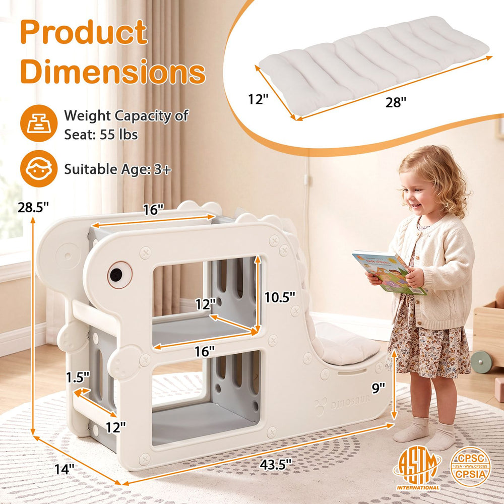 2-in-1 kids bookshelf with padded cushion and open cubbies, shown with dimensions in a child’s reading nook.