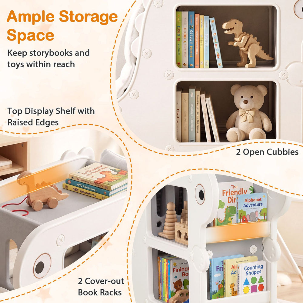 2-in-1 kids bookshelf with padded cushion and open cubbies, shown storing books and toys in a child’s room.