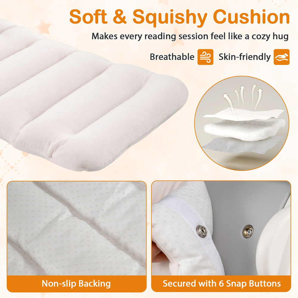 Padded white cushion close-up on the 2-in-1 Kids Bookshelf, showing breathable fabric and 6 snap buttons.