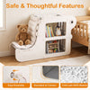 2-in-1 kids bookshelf with padded cushion and open cubbies, shown as a reading nook with books and toys.