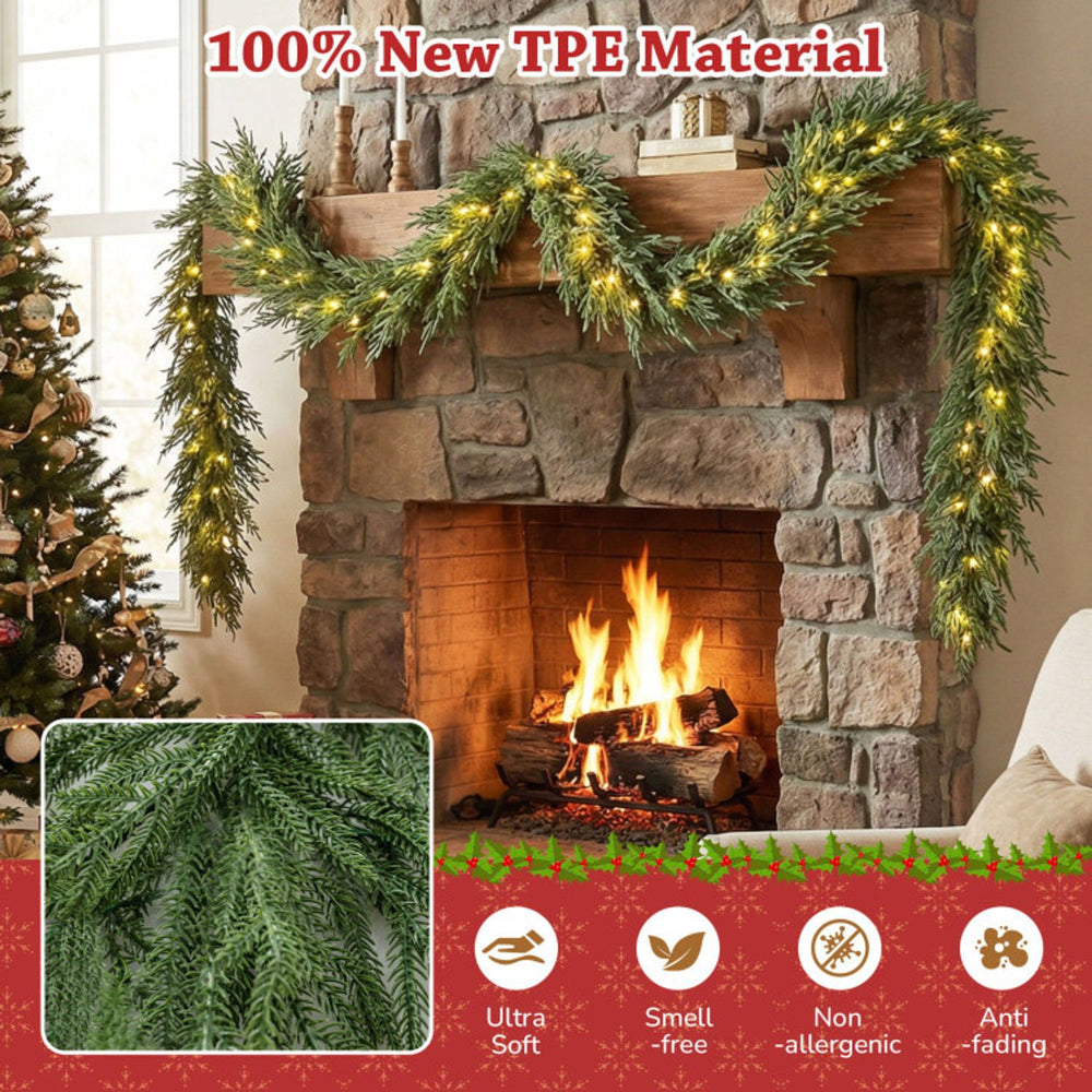 Pre-lit cypress garland with warm white LEDs draped over a fireplace mantel, made from fade-resistant PVC and TPE.