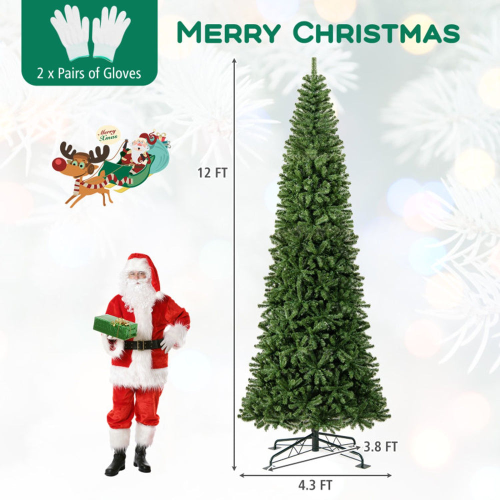 12 ft hinged Christmas tree shown full-length with dense foliage and cross metal base for indoor holiday décor.