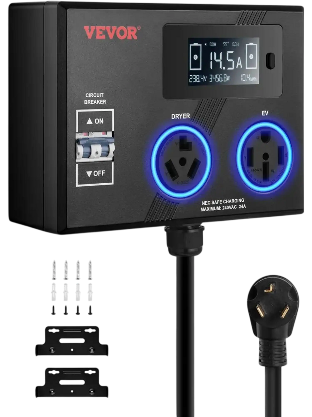 VEVOR NEMA Splitter for Dryer and EV, 3-Color LED Indicator, 240V Smart Power Distribution, With NEMA 10-30 Plug, NEMA 10-30 & NEMA 14-50 Outlets, Large 3.4-Inch LCD Screen, for Max 24A Dryer or EV