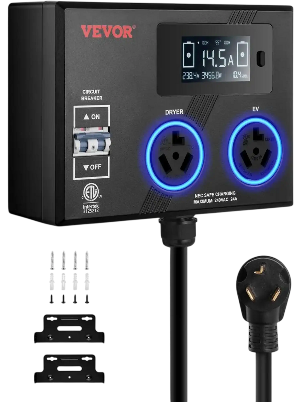 VEVOR NEMA Splitter for Dryer and EV, 3-Color LED Indicator, 240V Smart Power Distribution, With NEMA 10-30 Plug, Two NEMA 10-30 Outlets, 3.4 in LCD Screen, Max 24A Dryer EV, Tested to ETL Standard