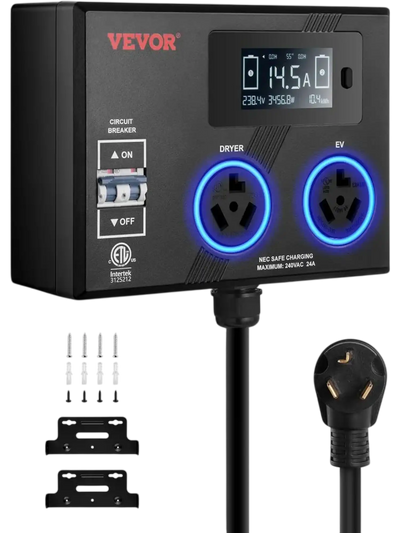 VEVOR NEMA Splitter for Dryer and EV, 3-Color LED Indicator, 240V Smart Power Distribution, With NEMA 10-30 Plug, Two NEMA 10-30 Outlets, 3.4 in LCD Screen, Max 24A Dryer EV, Tested to ETL Standard