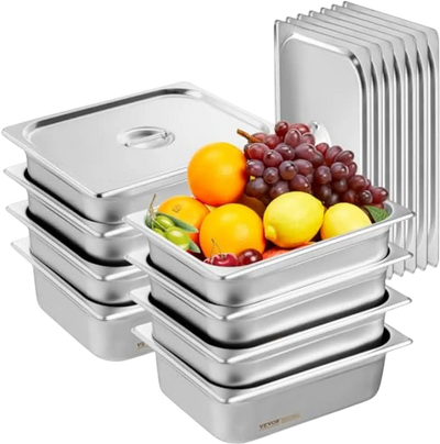 VEVOR 8 Pack Hotel Pans, 1/2 Size Anti-Jam Steam Pan with Lid, 0.8mm Thick Stainless Steel Steam Table Pan, 4-Inch Deep Commercial Table Pan, Catering Storage Food Pan, for Industrial & Scientific