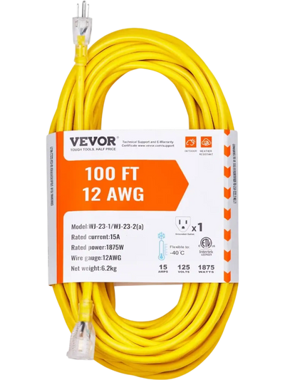 VEVOR 100FT Heavy Duty Extension Cord, 12AWG 15Amps 1875W, 3 Prongs Indoor Outdoor Electric Cord with Lighted End, Flexible & -40°C Cold-Resistant for Lawn, Garage, Home Use, ETL Listed