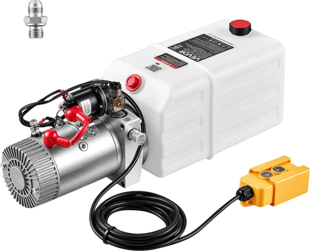 VEVOR 7 Quart Hydraulic Pump, Single Acting Dump Trailer Pump, 3200PSI Max Relief Pressure, 0.91 GPM Flow Rate, DC 12V 1.6KW Hydraulic Power Unit for Dump Trailer Car Lifting (Horizontal Installation)
