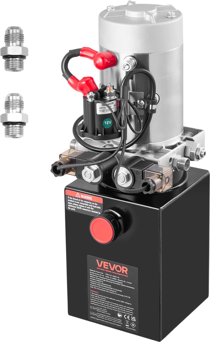 VEVOR 4 Quart Hydraulic Power Unit, Double Acting Dump Trailer Pump, 3200 PSI Max Relief Pressure & 0.91 GPM Flow Rate, DC 12V Hydraulic Pump with Metal Reservoir for Dump Trailer Car Lifting, Black