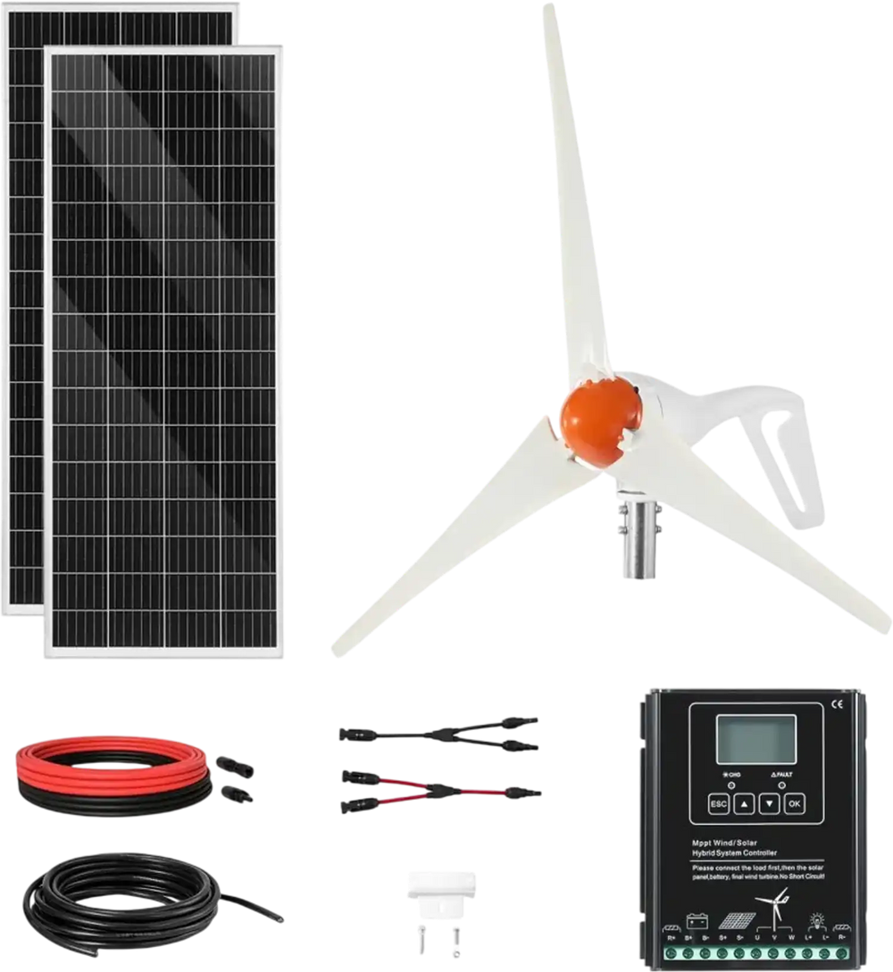 VEVOR 12V 400W Solar Wind Power Kit, 2PCS 100W Monocrystalline Solar Panels + 200W Wind Turbine + MPPT Wind/Solar Hybrid System Controller for Home RV Boat Camping Off-Grid Applications