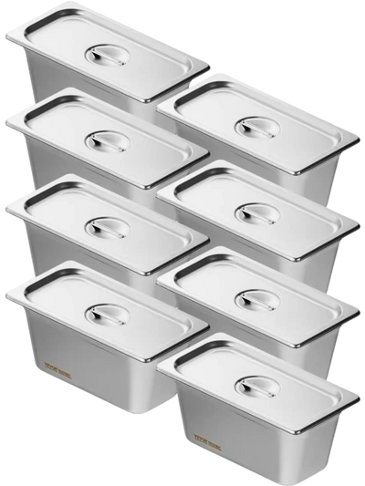 VEVOR 8 Pack Hotel Pans, 1/3 Size Anti-Jam Steam Pan with Lid, 0.8mm Thick Stainless Steel Steam Table Pan, 6-Inch Deep Commercial Table Pan, Catering Storage Food Pan, for Industrial & Scientific