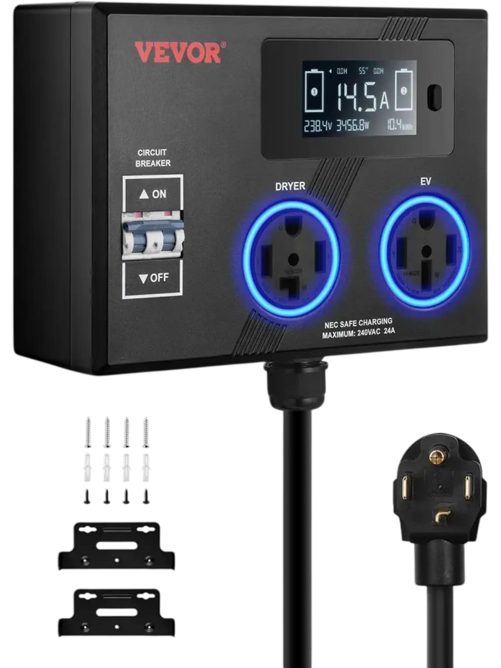 VEVOR NEMA Splitter for Dryer and EV, 3-Color LED Indicator, 240V Smart Power Distribution, With NEMA 14-30 Plug, NEMA 14-30 & NEMA 14-50 Outlets, Large 3.4-Inch LCD Screen, for Max 24A Dryer or EV