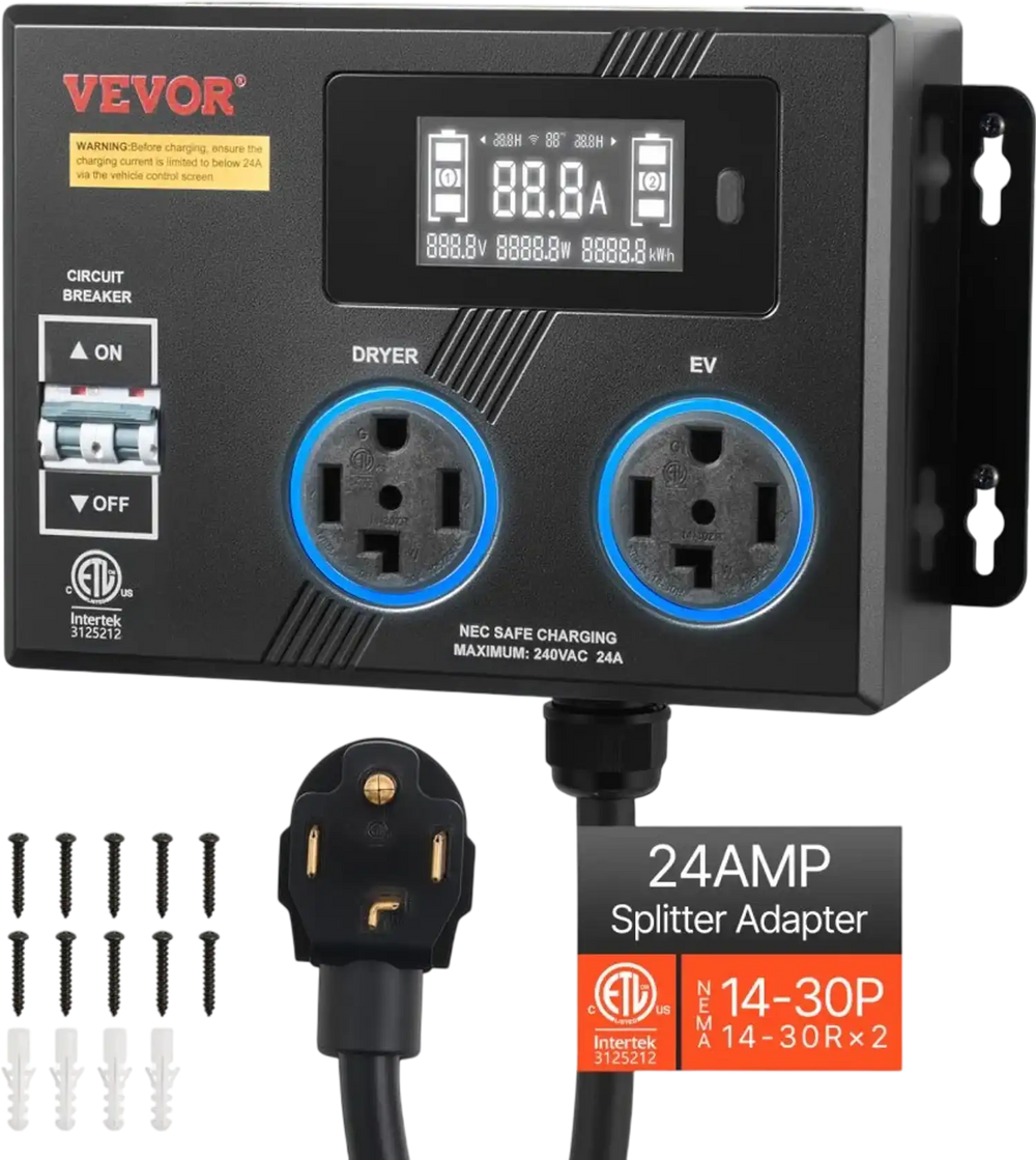 VEVOR Automatic EV Charging Switch, NEMA 14-30, Splitter Switch for Dryer & EV Charger, 24A Max 240V Smart Power Distribution with Circuit Breaker, Real-Time Display, for EVs, Ovens, Dishwashers, ETL