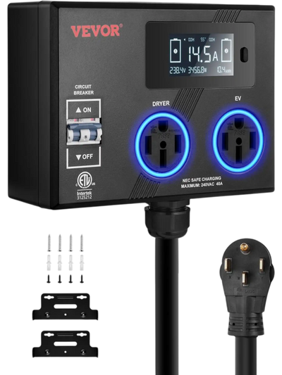 VEVOR NEMA Splitter for Dryer and EV, 3-Color LED Indicator, 240V Smart Power Distribution, With NEMA 14-50 Plug, Two NEMA 14-50 Outlets, 3.4 in LCD Screen, Max 40A Dryer EV, Tested to ETL Standard