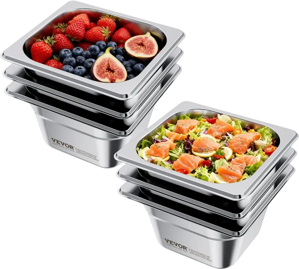 VEVOR 6 Pack Stainless Steam Hotel Pans, 1/6 Size Table Steam Pan, 4 Inch Deep, Anti Jam Restaurant Supplies Reusable Rustproof Catering Storage for Home, Party, Restaurant, Hotel, Buffet