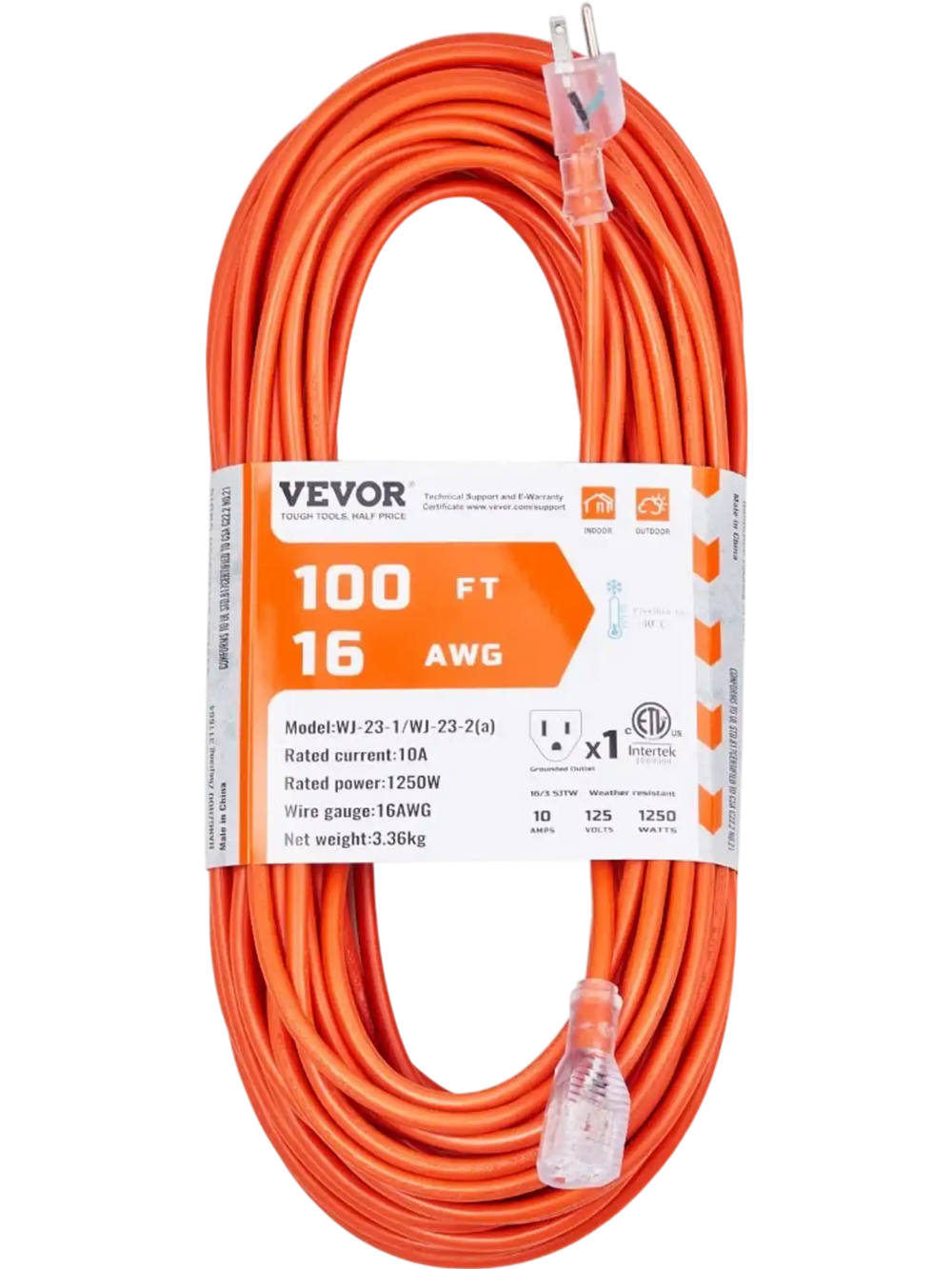 VEVOR 100FT Indoor Outdoor Extension Cord, 16AWG 10Amps 1250W, 3 Prongs Appliance Electric Cord with Lighted End, Flexible & -40°C Cold-Resistant for Office Home Use, ETL Listed
