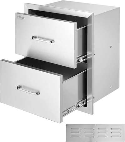 VEVOR Outdoor Kitchen Drawers 17.8W x 20.2H x 12.2D Inch, Flush Mount Double BBQ Drawers Stainless Steel with Handle, BBQ Island Drawers for Outdoor Kitchens or Patio Grill Station