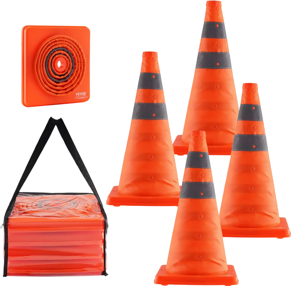 VEVOR Safety Cones, 4 Pack 18 inch Collapsible Traffic Cones, Construction Cones with Reflective Collars, Wide Base and A Storage Bag, for Traffic Control, Driving Training, Parking Lots