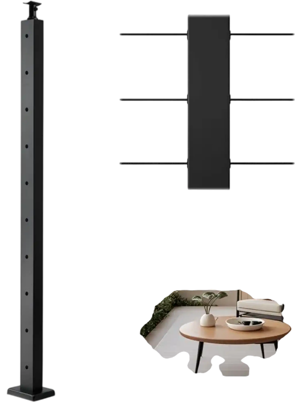 VEVOR 1-Pack Cable Railing Post, 36x2x2 In Horizontal-Hole Deck Railing Post with Pre-Drilled Holes, Stainless Steel Cable Rail Post with Horizontal and Curved Bracket, Black, 1JZLGZXHS9148RVYS001V0