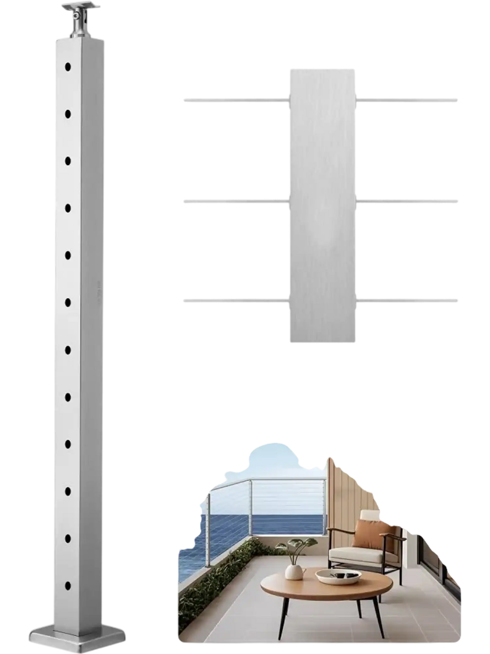 VEVOR Cable Railing Post, 42x2x2 Inch Level Deck Stair Posts, 1-Pack Stainless Steel Cable Handrail Post, Pre-Drilled Pickets with Mounting Bracket Stair Railing Kit, Silver, 1JZLGZXYS1061EF8W001V0