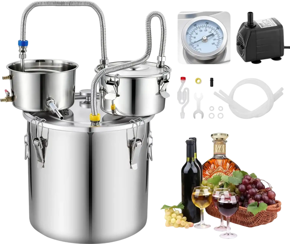 VEVOR Alcohol Still, 8 GAL/ 30L Alcohol Distiller with Thumper Keg, Dual-scale Thermometer, and Water Pump, Home Brewing Kit for DIY Whiskey Wine Brandy