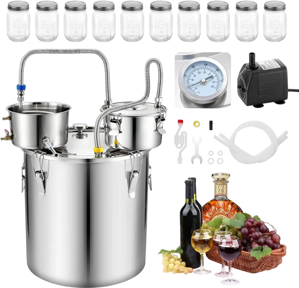 VEVOR Alcohol Still, 13.2 GAL/ 50L Alcohol Distiller with 10 x 16oz Glass Jars, Thumper Keg, Dual-scale Thermometer, and Water Pump, Home Brewing Kit for DIY Whiskey Wine Brandy
