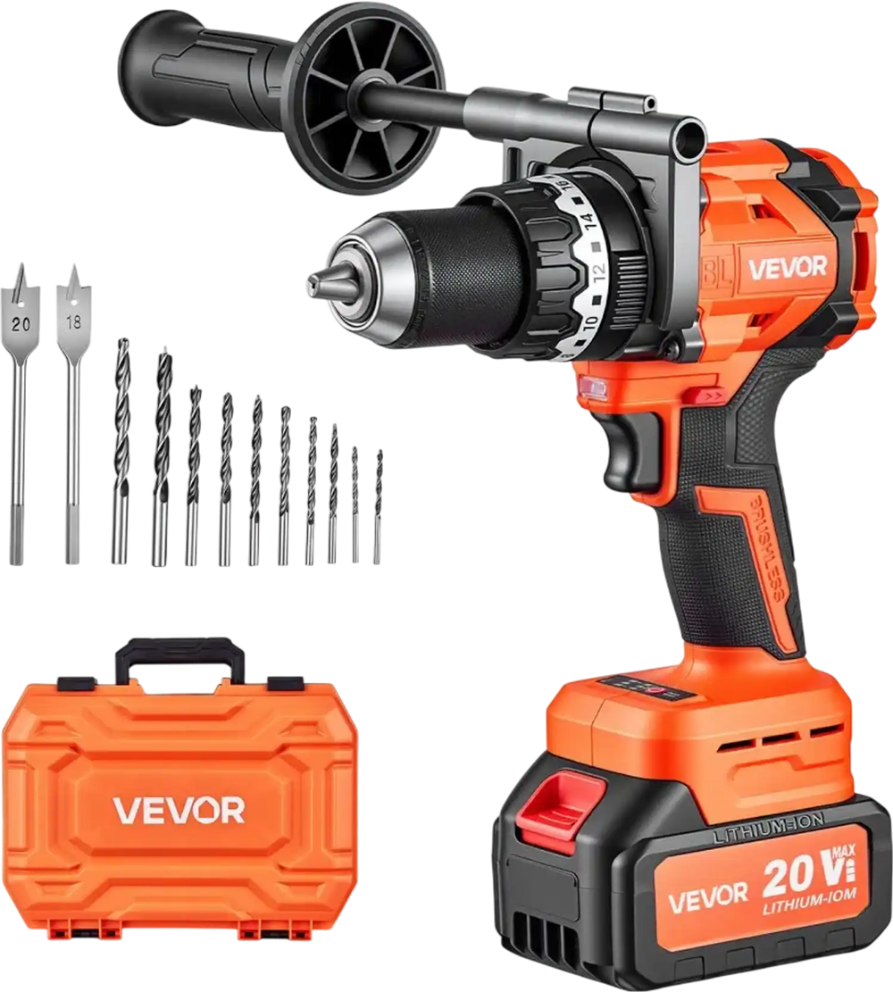 VEVOR Hammer Drill 20V 1/2 in 24000 IPM Brushless Cordless Impact Drill Kit, for Drilling Wood Metal Screw Driving, 4000 mAh Lithium-Ion Battery Pack and Charger, with All-Metal Chuck, Compact Design