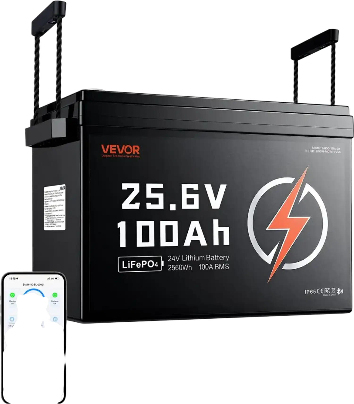 Vevor Lithium Battery 24V 100Ah LiFePO4 with Bluetooth 2560Wh New