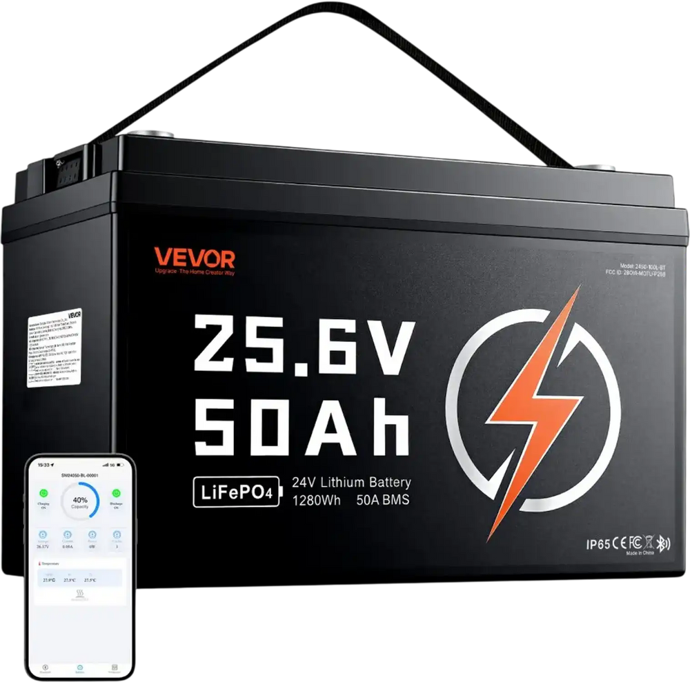 VEVOR 24V 50Ah LiFePO4 Lithium Battery 4000+ Cycles 50A BMS with Bluetooth, 1280Wh Lithium Battery with Low Temperature Protection, Supports 8P2S Connection, for RV, Trolling Motor, Marine, Solar