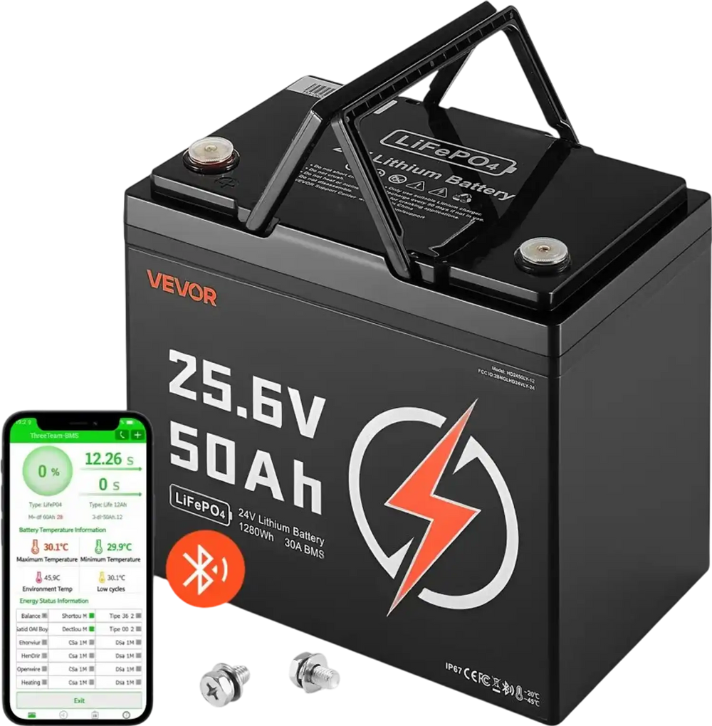 VEVOR 24V 50Ah LiFePO4 Lithium Battery, Bluetooth, Deep Cycle Lithium Rechargeable Battery, Built-in 30A BMS, Low Temp Protection, 4000+ Cycles, Max. 1280Wh, for RV, Camper, Trolling Motors, Marine